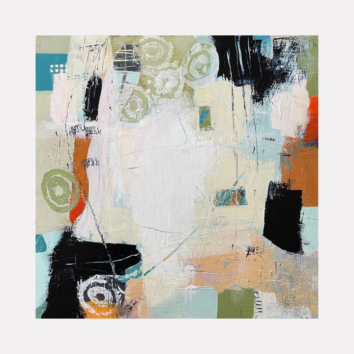 The artwork 'Akimbo' by Giliane Bader features an abstract composition with bold geometric shapes in black, turquoise, and orange against a soft cream background. Circular spiral motifs and textural brushstrokes create dynamic movement across the mixed media surface. The 18x18 inch piece combines rough and smooth textures with a cold wax finish on birch panel.