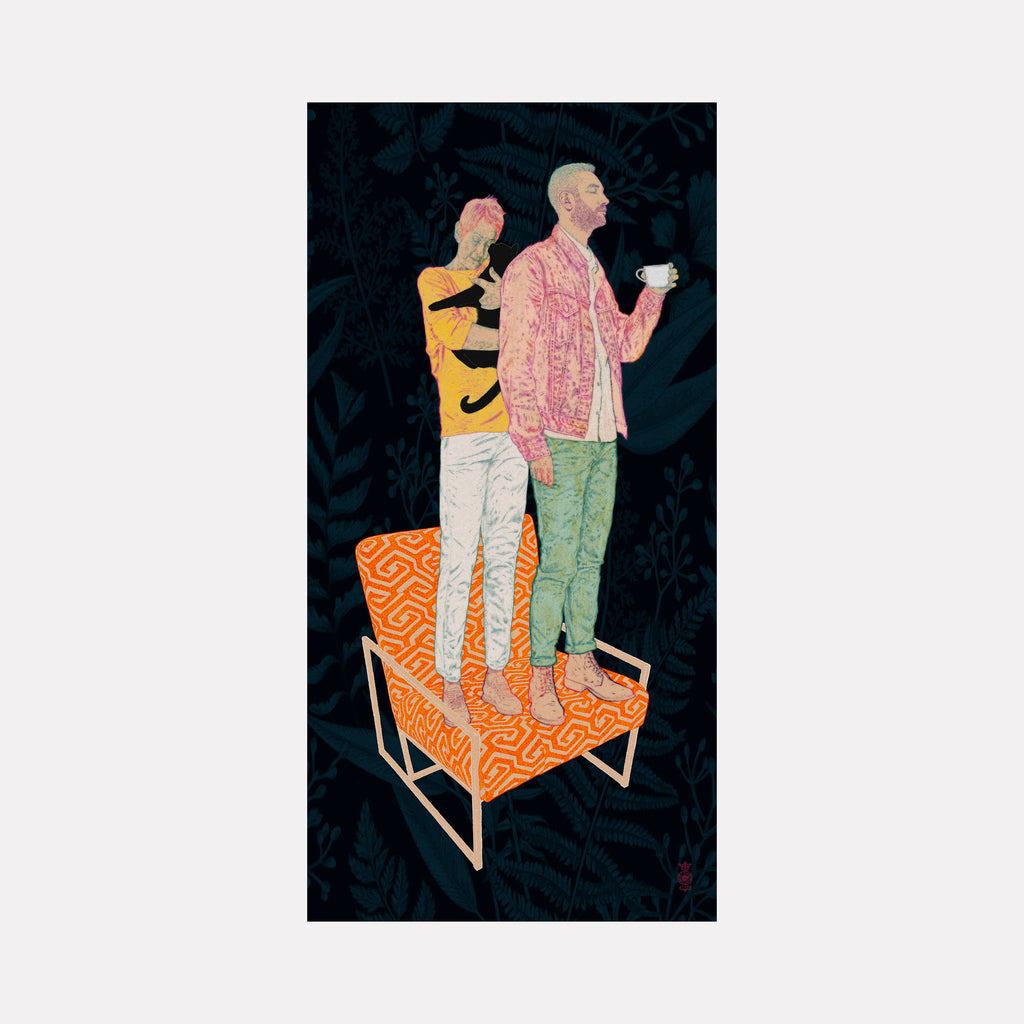 The artwork 'Alfred and Blythe' by Steve Moors depicts two figures standing on an orange patterned armchair against a dark floral background. Digital illustration featuring whimsical composition with pink and yellow clothing details, showcasing contemporary style. Face-mounted behind acrylic glass, the piece combines geometric and organic elements. By Steve Moors.