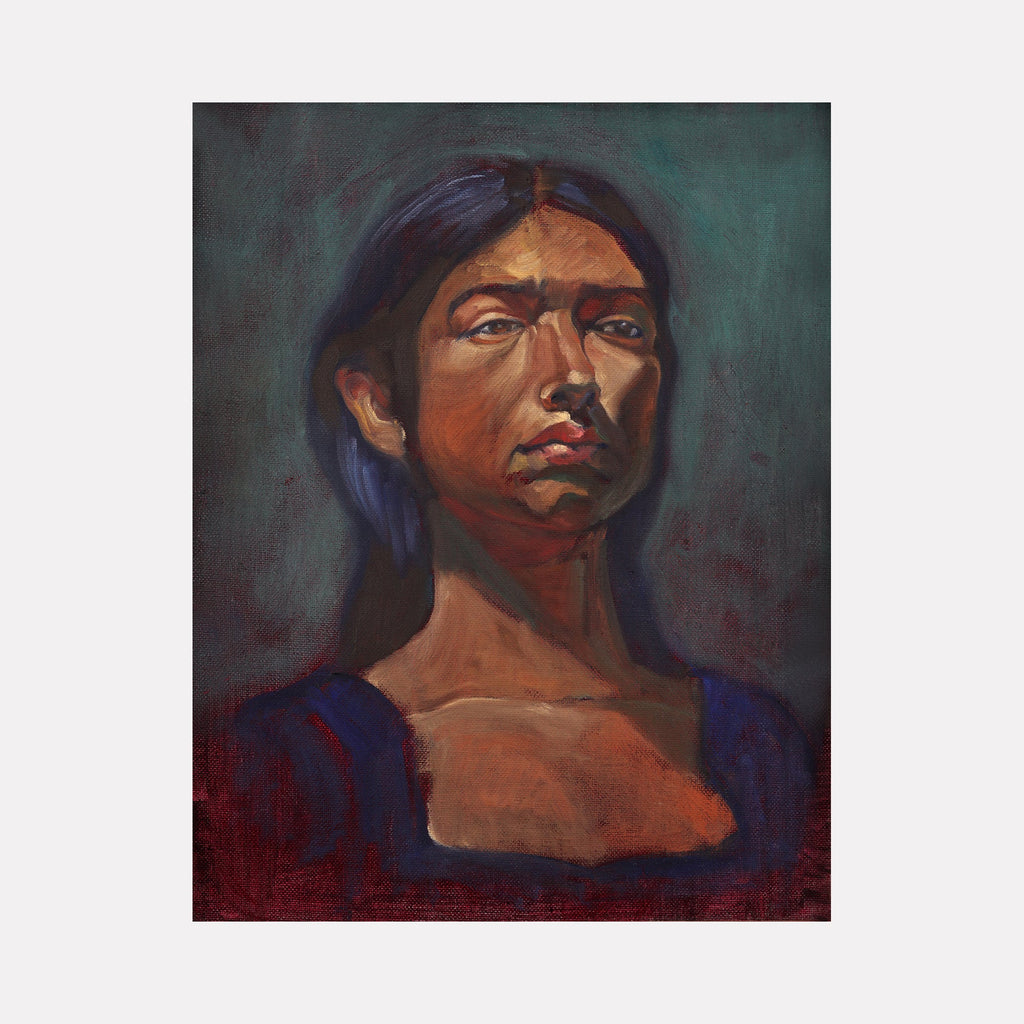 The artwork 'Ananda' by JaeMe Bereal features a portrait painted in rich oil colors against a deep teal background. The composition showcases dramatic lighting with warm browns and burgundy tones, creating a powerful contrast. The brushwork is bold and expressive, with visible texture in the paint application. The piece demonstrates masterful use of shadow and light on a dark blue fabric. Oil on canvas, 14x11 inches.