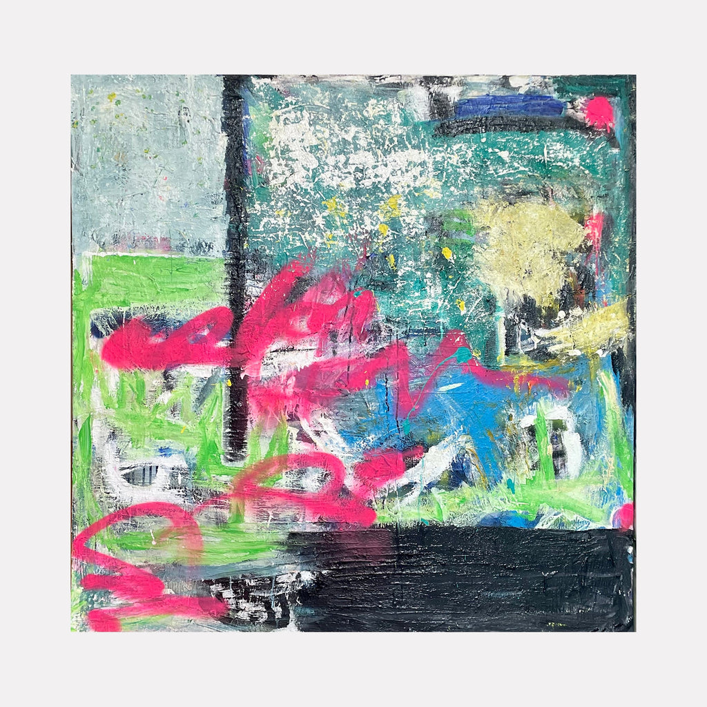 The artwork 'Aperol Spritz' by Jordan Barker features vibrant abstract expressionism with dynamic brushstrokes of hot pink, electric blue, and seafoam green against a textured background. Bold black accents and lime green elements create depth, while yellow highlights add warmth. The mixed media composition on canvas showcases energetic movement and layered acrylic techniques.