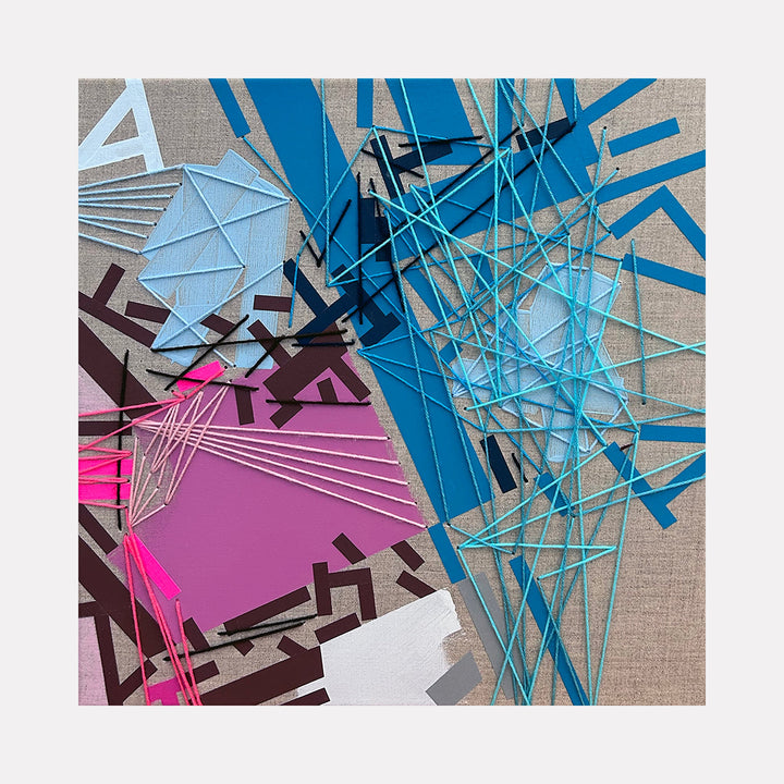 The artwork 'Aquarius Saabishhamm' by Philippe Halaburda features geometric abstract composition with angular shapes in vibrant blue, pink, and brown tones. Intersecting white yarn creates dynamic linear patterns across the canvas, while layered acrylic and tape form sharp triangular and rectangular elements on a neutral background. 20x20 inches mixed media artwork by Philippe Halaburda.