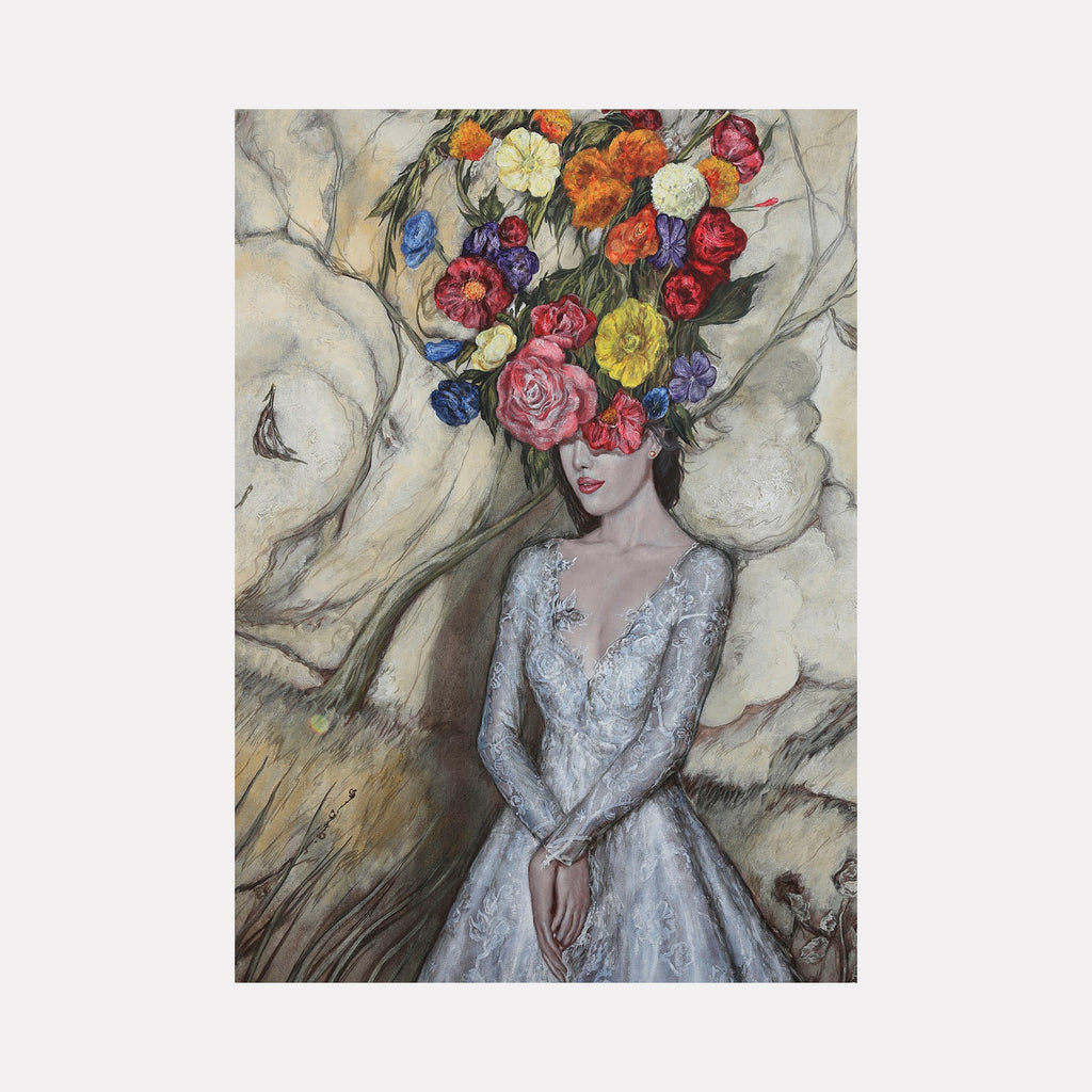 The artwork 'Autumn' by Carlos Gamez de Francisco depicts a figure in an elegant white lace dress against a textured beige background. A vibrant floral headdress features roses, peonies, and wildflowers in rich hues of orange, pink, blue, yellow, and purple. The acrylic painting combines romantic and surrealist elements with delicate brushwork and dreamy atmosphere. 28x28 inches on canvas.