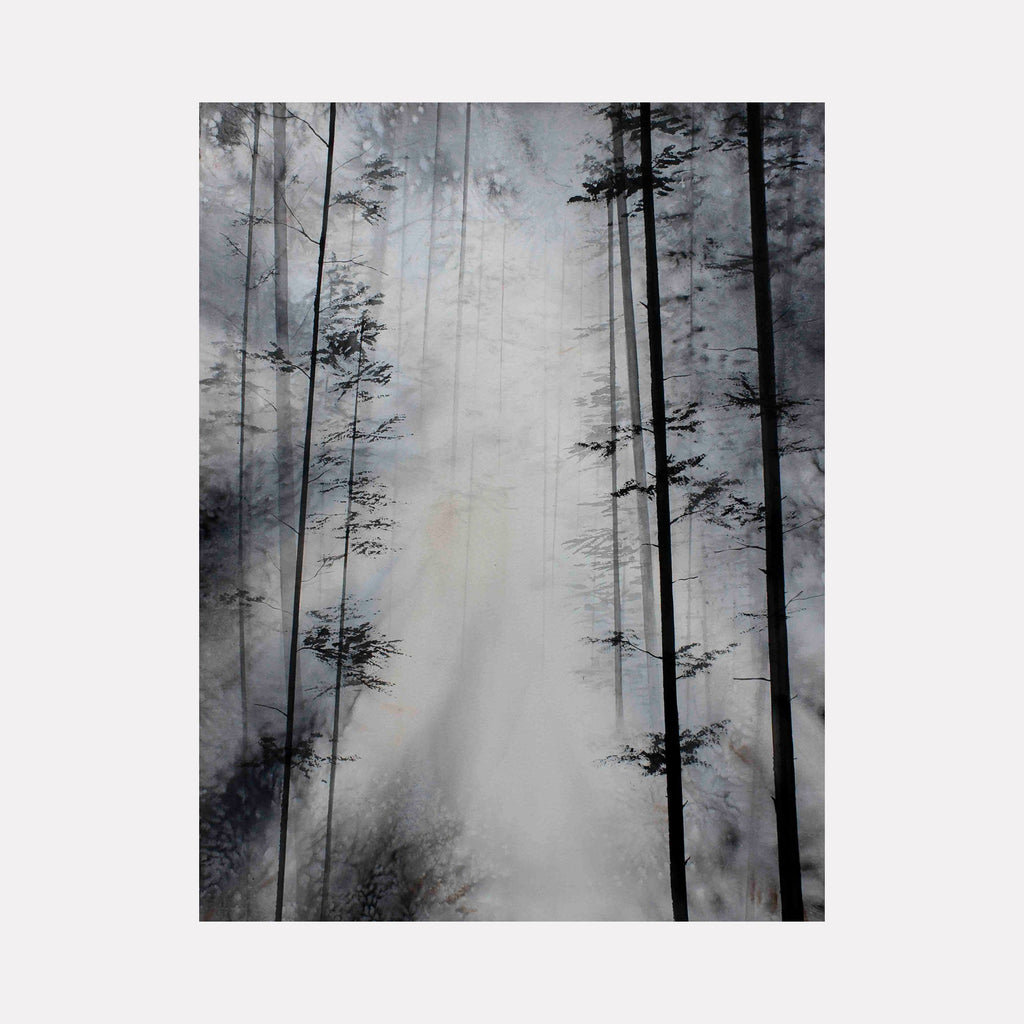 Awakening the Dawn by Catherine Lencke: Misty forest watercolor with tall pine silhouettes and ethereal sunbeams breaking through morning fog