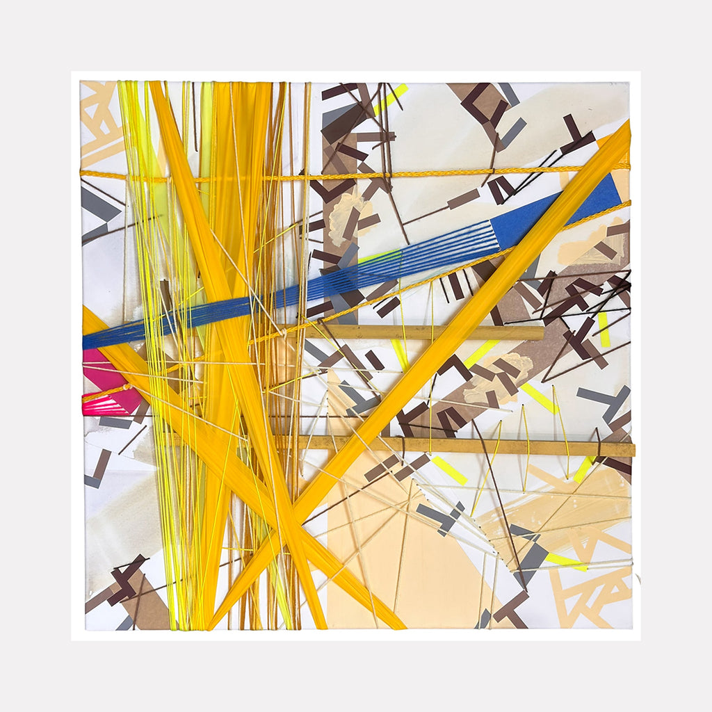 The artwork 'B5ellistonn' by Philippe Halaburda features dynamic intersecting yellow lines against a white background, complemented by blue accents and scattered brown geometric shapes. The abstract composition showcases a bold mixed media approach with sharp angular elements and layered textures creating a sense of movement and energy across the 30x30 inch canvas by Philippe Halaburda.