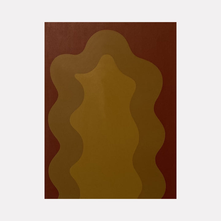 The artwork 'Brown' by Shadia Sabagh features flowing organic waves in varying shades of rich brown and golden ochre, creating a mesmerizing abstract composition. The undulating forms evoke natural contours, painted in acrylic on canvas with smooth transitions between tones. Part of the Energy of Color Series, measuring 24x18 inches.