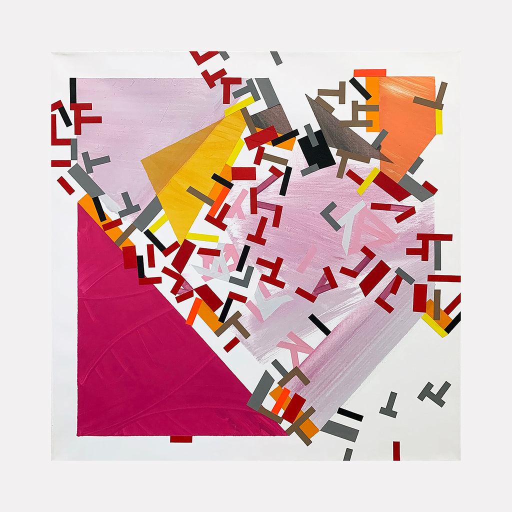 The artwork 'Baadroll Saa' by Philippe Halaburda features a dynamic abstract composition with geometric fragments scattered across the canvas. Bold magenta triangular shape dominates the lower left, while yellow, orange, and pink elements create movement through scattered angular forms. Black and gray tape pieces add depth and texture, creating a contemporary mixed-media aesthetic.