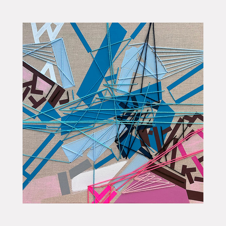 The artwork 'Baaldevv Praiss' by Philippe Halaburda features dynamic geometric abstract shapes in vibrant blue, pink, and brown hues. Angular lines and triangular forms intersect across a beige canvas, creating a sense of movement and depth. Yarn elements add texture while tape creates sharp, precise edges in this contemporary mixed-media composition - Philippe Halaburda.