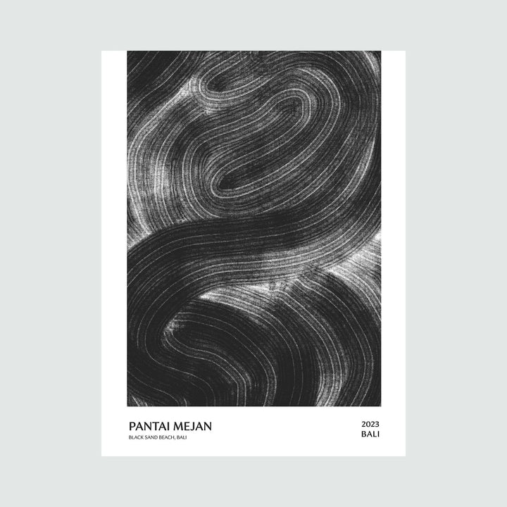 The artwork 'Bali Beach Mejan Poster' by Alina Glotova features dynamic black and white swirling brushstrokes creating abstract wave-like patterns. The monochromatic print showcases fluid, textured curves reminiscent of ocean movements, with bold contrasting tones and graceful flowing lines characteristic of modern minimalist art.