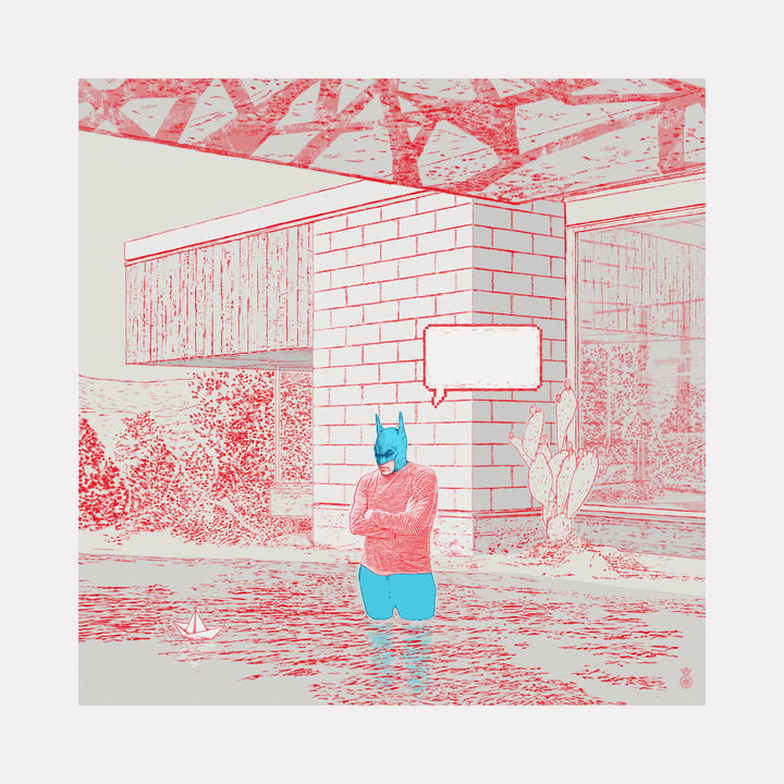 The artwork 'Batman Says' by Steve Moors features a minimalist digital illustration showing a figure wearing a blue Batman mask and pink sweater, standing with crossed arms in front of a brick building. A white speech bubble floats empty above, set against a predominantly pink and gray color scheme with textured, sketch-like details.