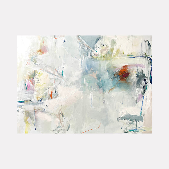 The artwork 'Beautiful Debris' by Jodi Fuchs features ethereal abstract expressionism with soft whites and pale blues dominating the canvas. Dynamic brushstrokes create a misty atmosphere, with subtle touches of coral and navy emerging through layers of paint. The textured acrylic surface suggests post-hurricane imagery, blending chaos and serenity in a 36x48 composition.