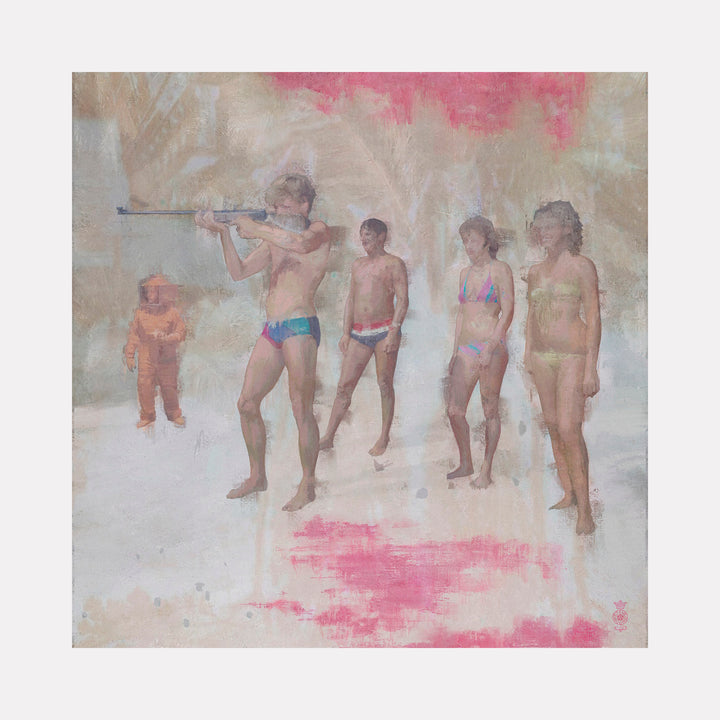 The artwork 'BeeKeeper' by Steve Moors features a muted beige background with splashes of vibrant pink. The composition shows figures in swimming attire arranged in a line against a dreamy, atmospheric backdrop. The style combines elements of contemporary art with a weathered, vintage aesthetic, rendered in digital medium and printed on museum-grade paper. By Steve Moors.