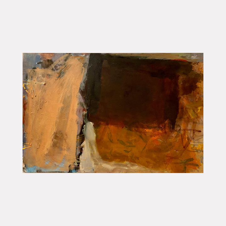 The artwork 'Bend to the Light' by Christopher Blyth features bold abstract expressionism with dramatic color contrasts. Warm peach and salmon tones merge with deep umber and rust, creating dynamic movement across the canvas. Textured brushstrokes and layered pigments suggest a geological formation, with rough edges and smooth transitions. Oil and pigment stick on canvas.