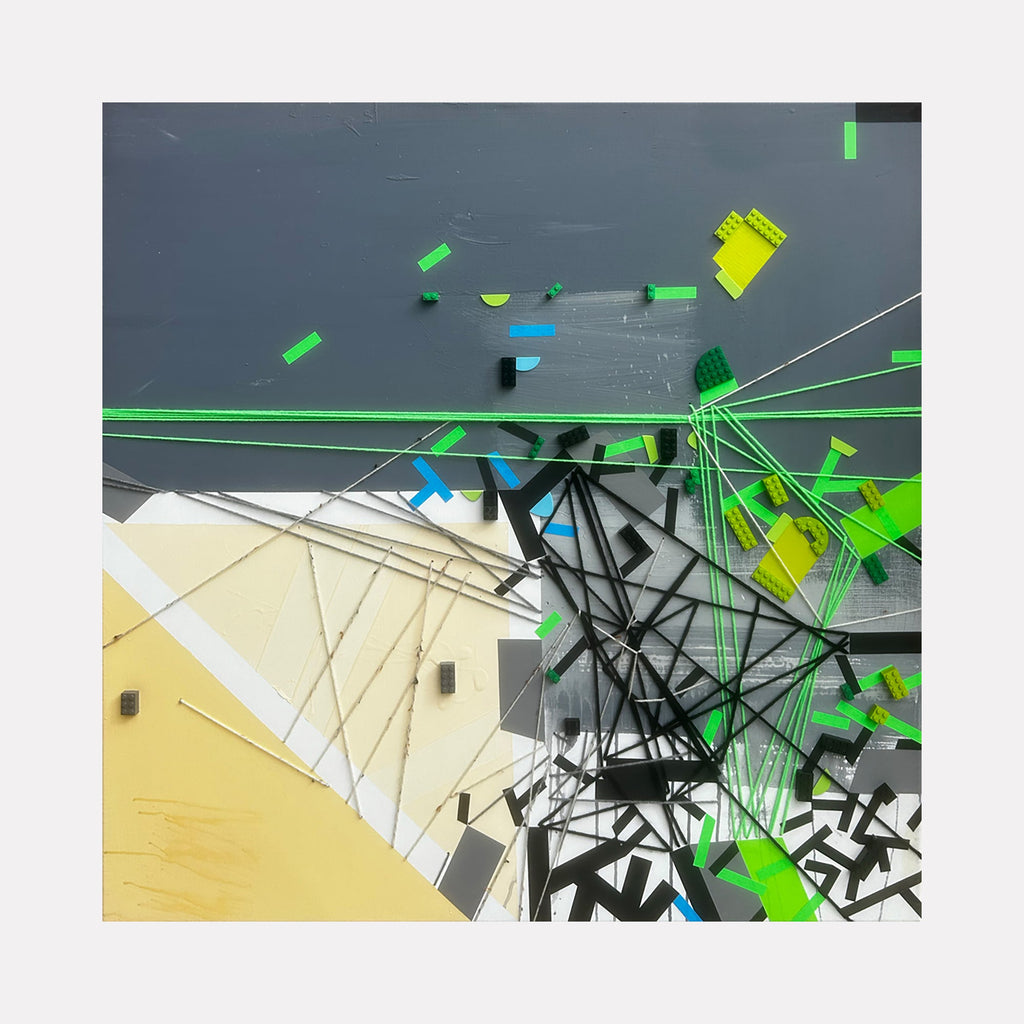 The artwork 'Blaand Aalpacappoicma' by Philippe Halaburda features dynamic geometric abstract composition with intersecting angular lines and fragmented shapes. Vibrant neon green elements contrast against a stormy grey background, with accents of light blue and cream. Black structural forms create depth while white linear elements suggest movement and dimension in this mixed media piece.