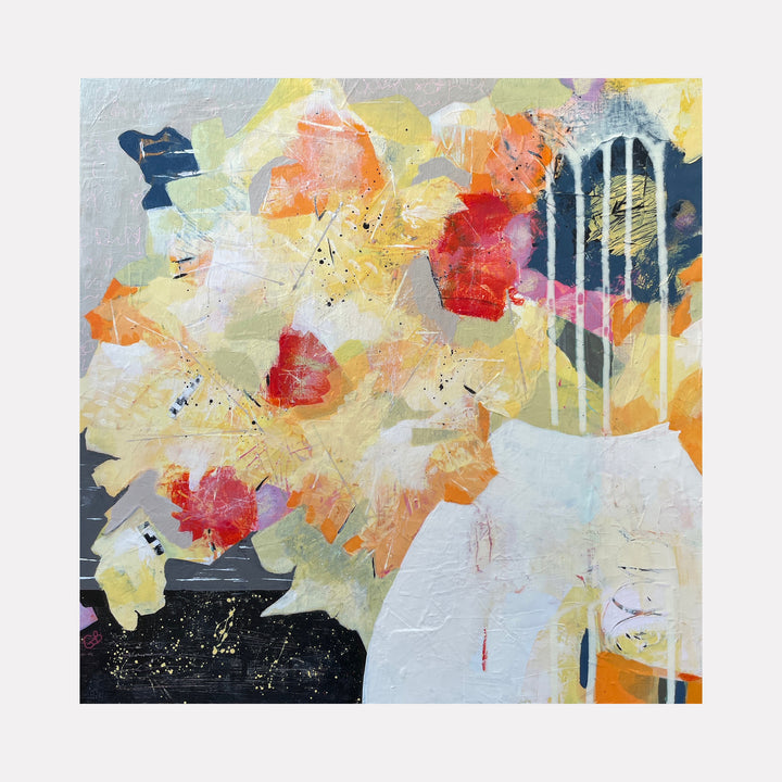 The artwork 'Black Rose' by Giliane Bader features an abstract composition with vibrant coral, yellow, and orange floral forms against a contrasting white and black background. Textured brushstrokes and mixed media techniques create depth, while vertical drips add movement. Created on birch panel with cold wax finish, measuring 18x18 inches.