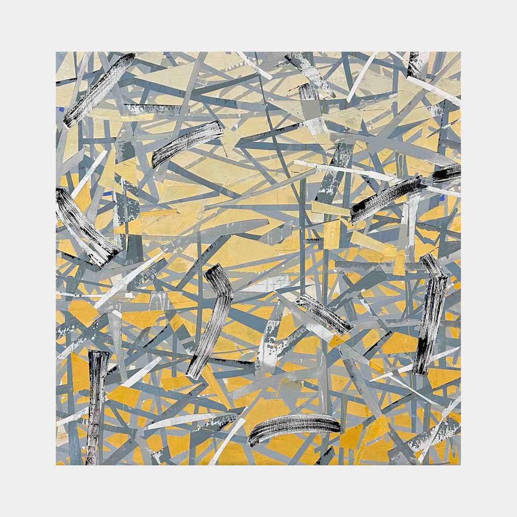 The artwork 'Blaze of Yellow' by Shira Toren features an abstract composition of intersecting silver-gray brushstrokes against a vibrant yellow background. Created with Venetian plaster and pigment on canvas, the 36x36 inch piece displays dynamic angular patterns with textural elements resembling metallic fragments scattered across the surface. by Shira Toren