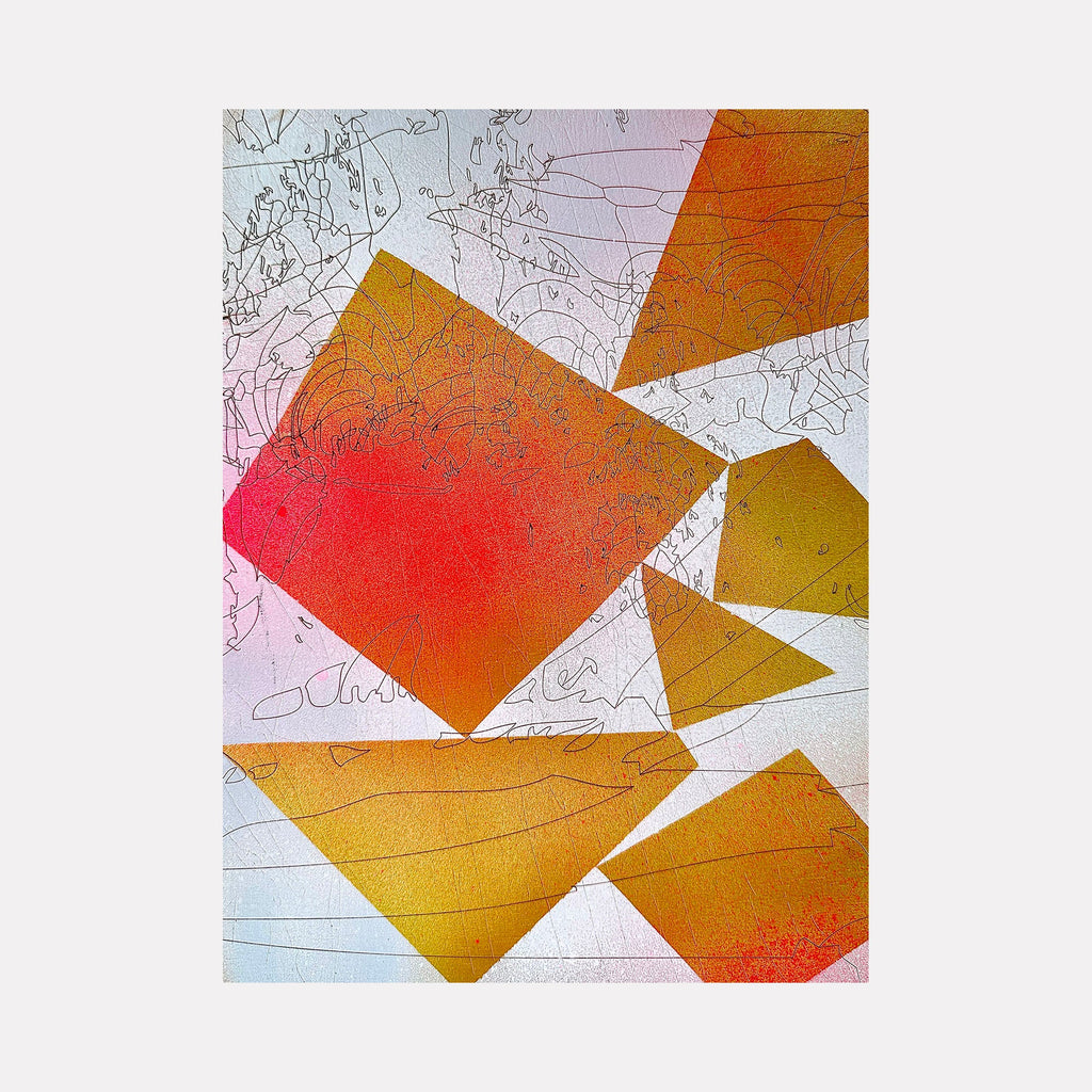 The artwork 'Block Party' by Ann Tarantino features dynamic geometric shapes in vibrant orange, red, and yellow tones against a white background. Abstract angular blocks appear to float and intersect, creating a sense of movement. Fine etched lines add texture across the surface, while color gradients transition smoothly between warm hues on the laser-etched acrylic panel.