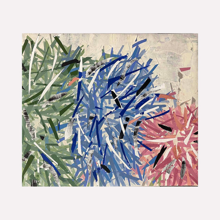 The artwork 'Bloom' by Shira Toren features an abstract floral composition with dynamic brushstrokes in green, blue, and pink hues against a light textured background. The energetic strokes create burst-like forms reminiscent of chrysanthemums, executed in Venetian plaster and graphite on canvas.