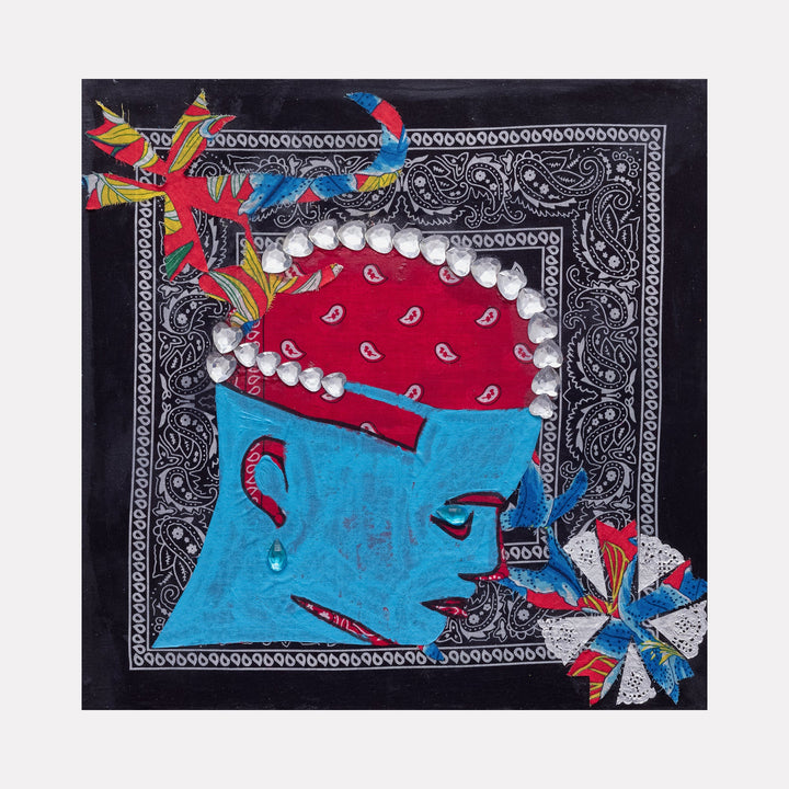 The artwork 'Blue Barbershop 2' by Marco DaSilva features a stylized profile in bright turquoise against a black bandana background with ornate paisley patterns. A red bandana with white rhinestone trim crowns the profile, complemented by vibrant red and blue decorative elements. Mixed media composition combines house paint, markers, fabric, and silver foil doilies on canvas by Marco DaSilva.