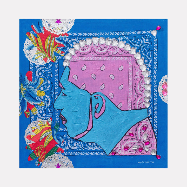 The artwork 'Blue Barbershop 3' by Marco DaSilva features a vibrant mixed-media composition on canvas with a striking blue profile silhouette against a pink bandana pattern. Silver foil doilies frame the corners, while colorful floral elements and rhinestone accents add dynamic texture. The piece combines urban street art style with traditional crafting materials. By Marco DaSilva.