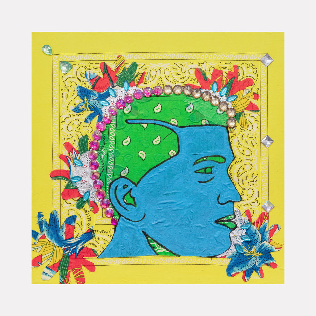 The artwork 'Blue Barbershop 4' by Marco DaSilva features a vibrant mixed-media portrait with a blue profile against a yellow background. The figure wears a green textured cap adorned with white teardrops and pink rhinestone trim. Decorative blue and red floral elements frame the corners, with silver foil doilies and bandana details creating a dynamic, street art-inspired composition. - Marco DaSilva