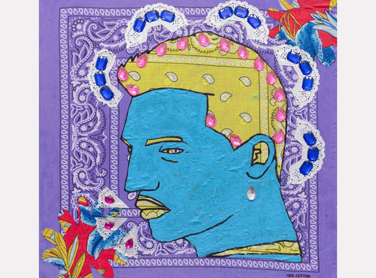 The artwork 'Blue Barbershop 5' by Marco DaSilva features a stylized blue profile portrait against a purple bandana background. The figure wears a yellow polka-dotted cap, adorned with decorative silver doilies and blue rhinestones forming an ornate frame. Red floral accents appear in the corners, creating a mixed-media composition on canvas.