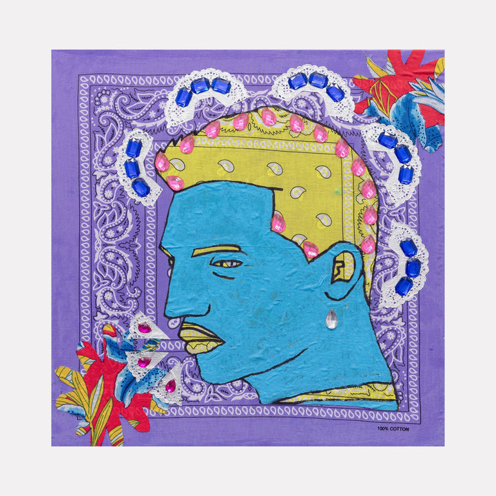 The artwork 'Blue Barbershop 5' by Marco DaSilva features a stylized blue profile portrait against a purple bandana background. The figure wears a yellow polka-dotted cap, adorned with decorative silver doilies and blue rhinestones forming an ornate frame. Red floral accents appear in the corners, creating a mixed-media composition on canvas.