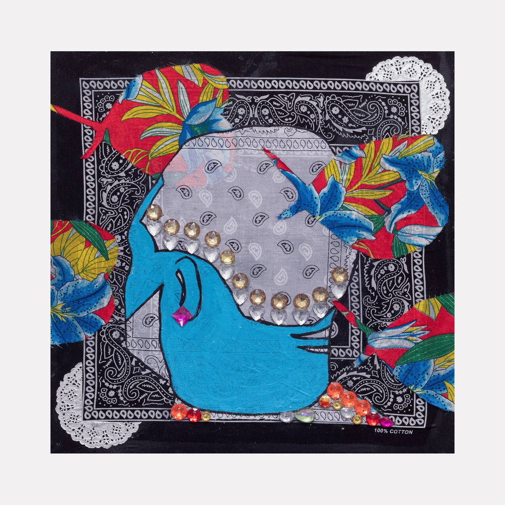 Blue Barbershop 6 by Marco DaSilva features a vibrant mixed media composition with a striking blue profile silhouette adorned with rhinestone details on a black and white bandana background. Tropical-colored foliage elements in red, yellow, and blue frame the central figure, while silver doilies accent the corners, creating a dynamic collage effect.