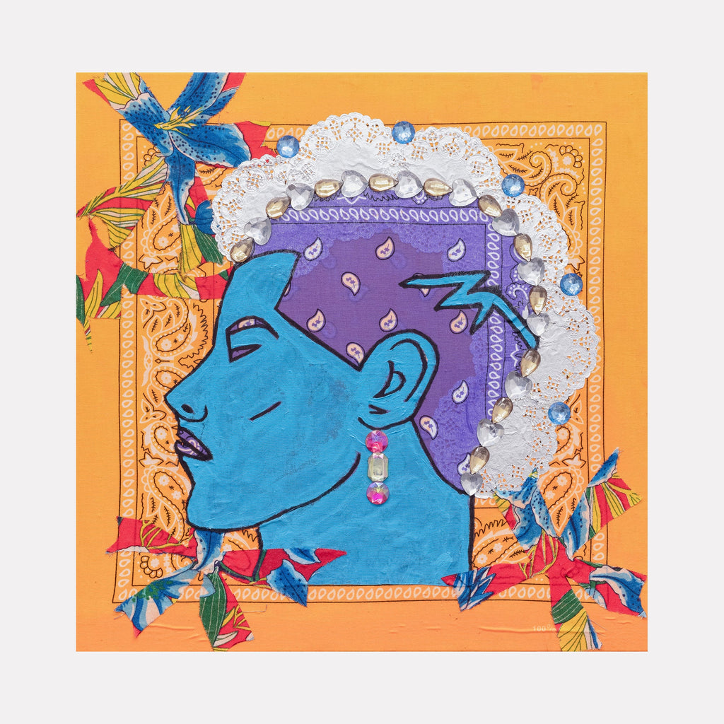 The artwork 'Blue Barbershop 7' by Marco DaSilva features a vibrant blue profile portrait on an orange background, decorated with silver doily borders and sparkling rhinestones. The figure wears a purple bandana with teardrop patterns, adorned with colorful floral accents and blue ribbon details in each corner. Mixed media artwork incorporating house paint, markers, and textile elements on canvas. By Marco DaSilva.