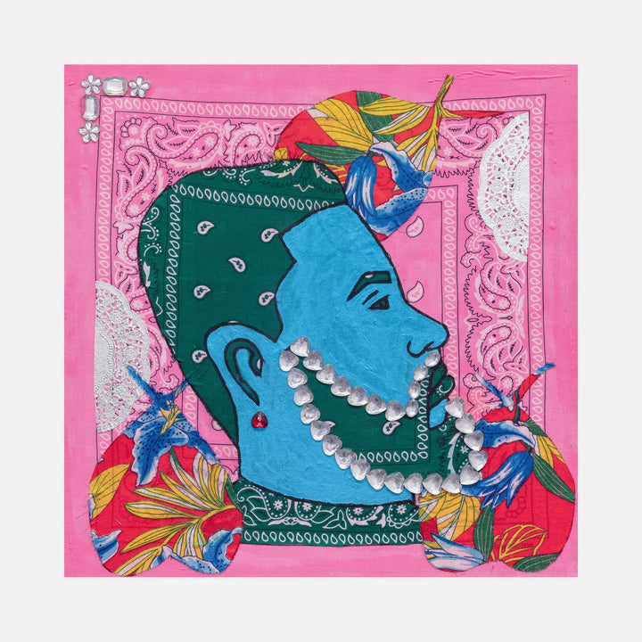 The artwork 'Blue Barbershop 8' by Marco DaSilva features a vibrant mixed-media portrait in profile against a pink background. A green bandana adorns the head of the blue-toned figure, decorated with white paisley patterns. Silver doilies, rhinestones, and colorful floral elements frame the composition, creating a layered, textural effect. Marker details and house paint blend with fabric elements on canvas.