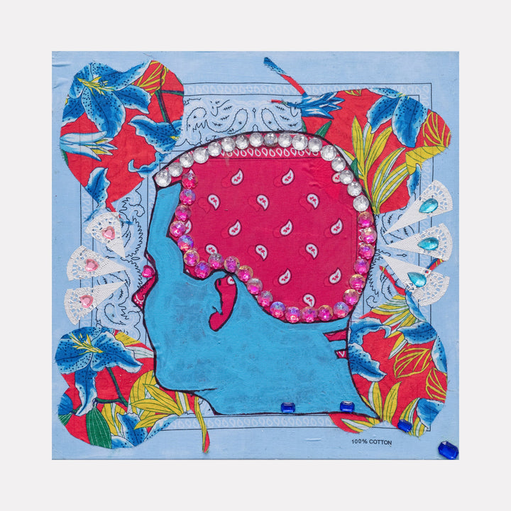 The artwork 'Blue Barbershop 9' by Marco DaSilva features a vibrant mixed-media composition depicting a stylized profile silhouette in pink with paisley patterns, adorned with rhinestone embellishments and silver doilies. Set against a light blue background with floral elements in bold blue and red, the piece combines bandana patterns, house paint, and fabric textures. By Marco DaSilva.