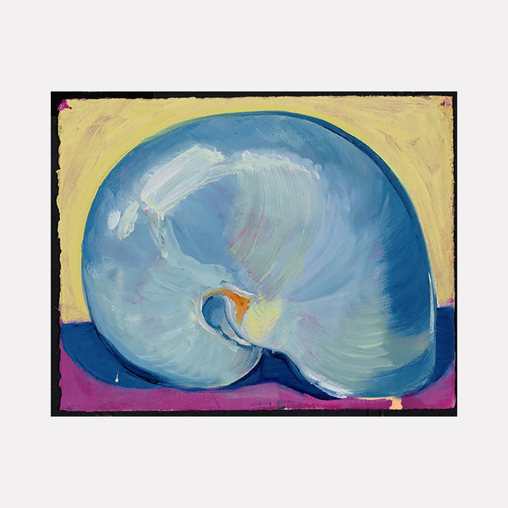 The artwork 'Blue Nautilus' by Cristi Lyon features a spiraling nautilus shell rendered in luminous shades of pale blue and white against a vibrant backdrop of yellow and magenta. The oil painting captures the shell's elegant curved form and pearlescent texture, showcasing its natural geometric beauty with expressive brushstrokes on paper, measuring 8x10 inches.