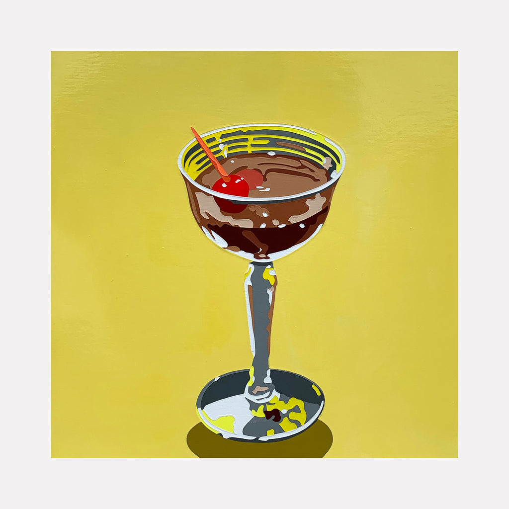 The artwork 'Bourbon Cocktail (on yellow)' by Lori Larusso depicts a stylized cocktail glass against a vibrant yellow background. The glass contains a dark brown liquid garnished with a bright red maraschino cherry and orange straw. The artwork showcases clean lines and bold colors in a pop art style, painted with acrylic and enamel on wood panel by Lori Larusso.