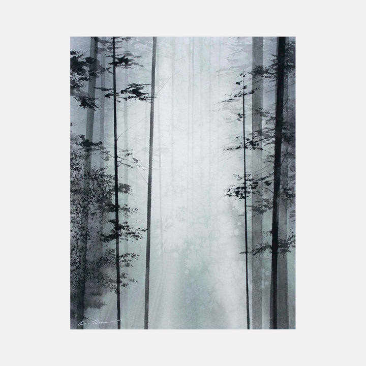 Breath of the Forest by Catherine Lencke: Misty watercolor painting of tall pine trees in ethereal fog, rendered in soft grays and whites