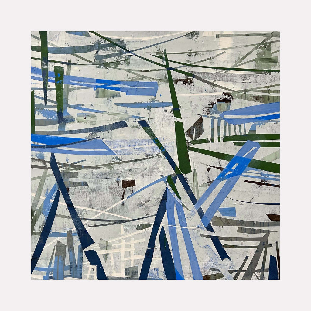 The artwork 'Bridges' by Shira Toren features intersecting geometric shapes in blue and forest green against a textured white background. Abstract angular forms suggest architectural elements, created with Venetian plaster and graphite. Dynamic lines and fragmented planes create depth and movement across the 36-inch square canvas.