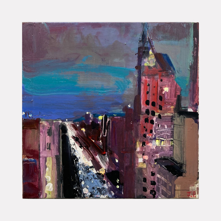 The artwork 'Bright Lights, Big City' by Janet L. Pedersen depicts an urban nightscape with a prominent pink skyscraper against a dark blue sky. Bold brushstrokes capture city lights reflecting off a diagonal street, rendered in flashe paint with expressive strokes. Rich magentas, teals, and deep purples create a moody metropolitan atmosphere in this 10x10 inch painting.