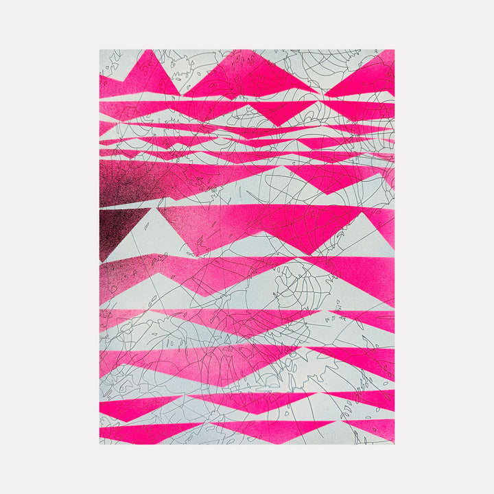 The artwork 'Bright Thread' features dynamic geometric patterns with vibrant hot pink triangular shapes intersecting across a pale gray background. Delicate line work creates intricate web-like textures throughout the composition. The laser-etched acrylic panel adds depth and contrast to the abstract design by Ann Tarantino.