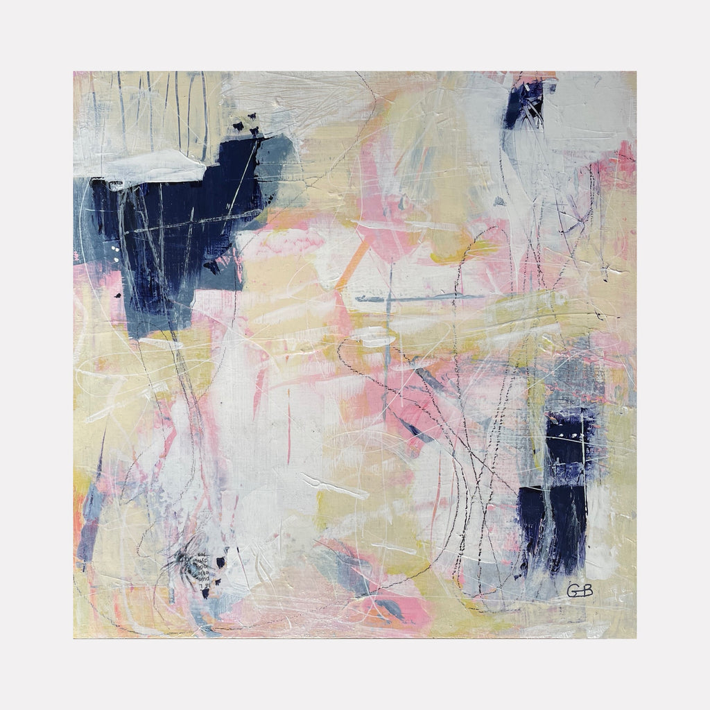 The artwork 'Buzzing Around' by Giliane Bader features an abstract composition with dynamic brushstrokes in navy blue, soft pink, and pale yellow. The mixed media piece on birch panel showcases textural elements created with cold wax, featuring gestural marks and organic forms that float across a luminous white background. Delicate linear details and subtle color transitions create a dreamy, ethereal quality.