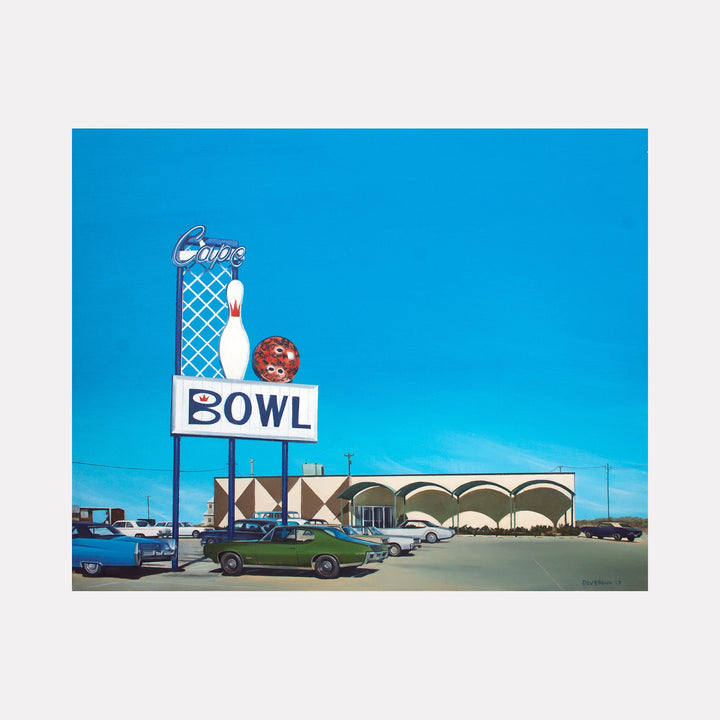 The artwork 'Cape Bowl' by Alex Devereux depicts a retro bowling alley scene with a distinctive vintage sign featuring a bowling pin against a vibrant blue sky. The architectural structure shows mid-century modern design with curved arches. Classic cars from the 1960s line the parking lot, rendered in acrylic on canvas with precise detail and nostalgic color palette - by Alex Devereux