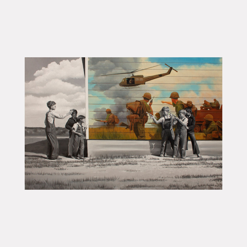 The artwork 'Cowboys and Indians' by Alex Devereux features a split composition with monochrome and color sections. Left side shows figures in grayscale, while right side depicts military scenes with a helicopter and soldiers in vibrant colors. Acrylic on canvas portrays a dramatic contrast between peaceful rural life and warfare, rendered in contemporary artistic style.