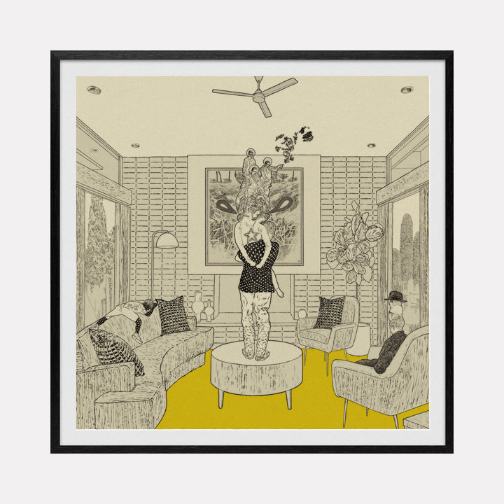 Artwork 'Carry You!' by Steve Moors: Black and white line drawing of living room with figure on round table, yellow floor, abstract art on walls