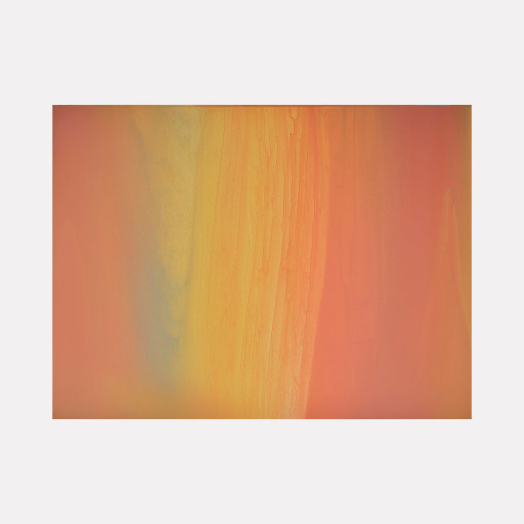 The artwork 'Carrying and Soaring 13' by Willy Bo Richardson features vertical brushstrokes transitioning from warm coral pink to golden yellow, creating a luminous abstract composition. The acrylic and oil on wood panel showcases smooth color gradients with subtle textural variations, measuring 12x16 inches.