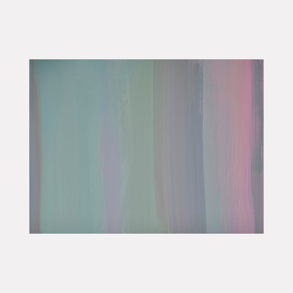 The artwork 'Carrying and Soaring 14' by Willy Bo Richardson features vertical brushstrokes in soft pastel hues, blending mint green, lavender, and rose pink tones. The acrylic and oil painting on wood panel creates a ethereal gradient effect with gentle color transitions and subtle atmospheric depth.