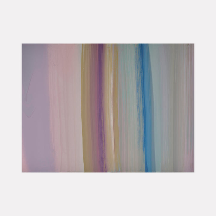 The artwork 'Carrying and Soaring 15' by Willy Bo Richardson features vertical brushstrokes in ethereal pastel hues, transitioning from soft lavender to warm yellow, deep purple, and cool blue tones. The acrylic and oil on wood panel creates a luminous, atmospheric effect with seamless color gradients and gestural brush marks.