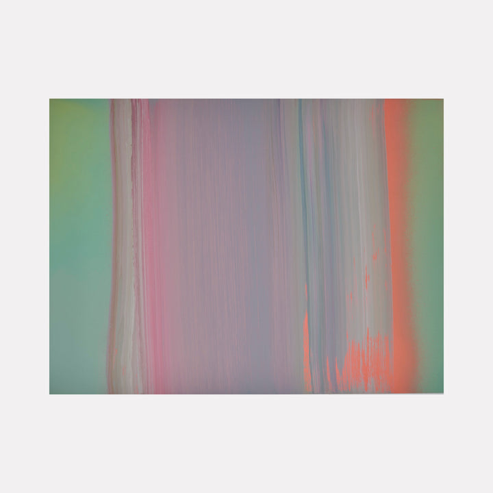 The artwork 'Carrying and Soaring 16' by Willy Bo Richardson features vertical brushstrokes in soft pastel hues, blending mint green, coral pink, and lavender. The abstract composition shows gentle color transitions with ethereal washes of acrylic and oil paint on wood panel, creating a dreamy atmospheric effect.