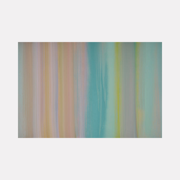 The artwork 'Carrying and Soaring 6' by Willy Bo Richardson features vertical brushstrokes in soft pastel tones transitioning from warm peach and pink hues to cool turquoise and yellow streaks. The acrylic and oil painting on wood panel creates a ethereal gradient effect with seamless color blending and subtle textural variations.