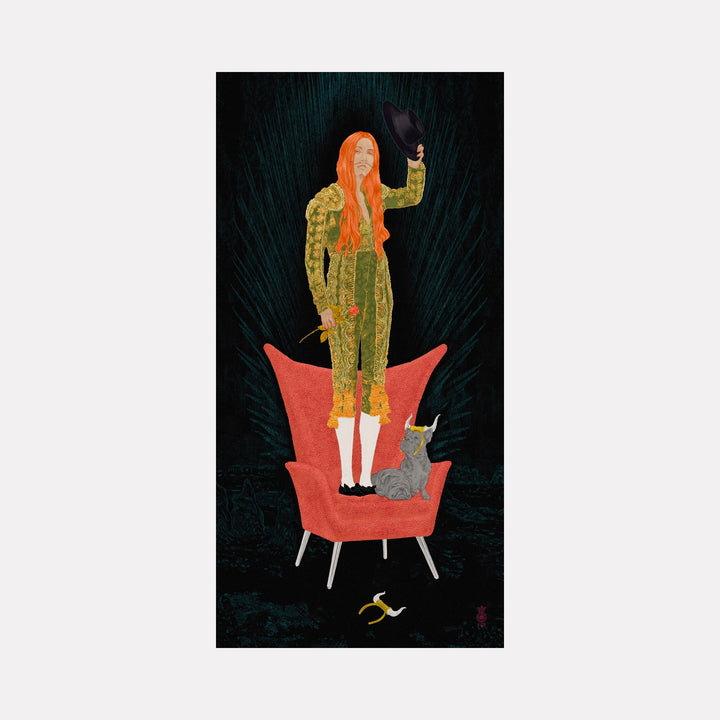 The artwork 'Catarina' by Steve Moors features a figure in a striking yellow-patterned jumpsuit standing on a coral-colored mid-century modern chair. A grey cat sits beside them while a small bird flies below. The composition is set against a deep teal background with radiating lines creating a dramatic starburst effect. Digital artwork printed on photographic paper with acrylic glass mounting.