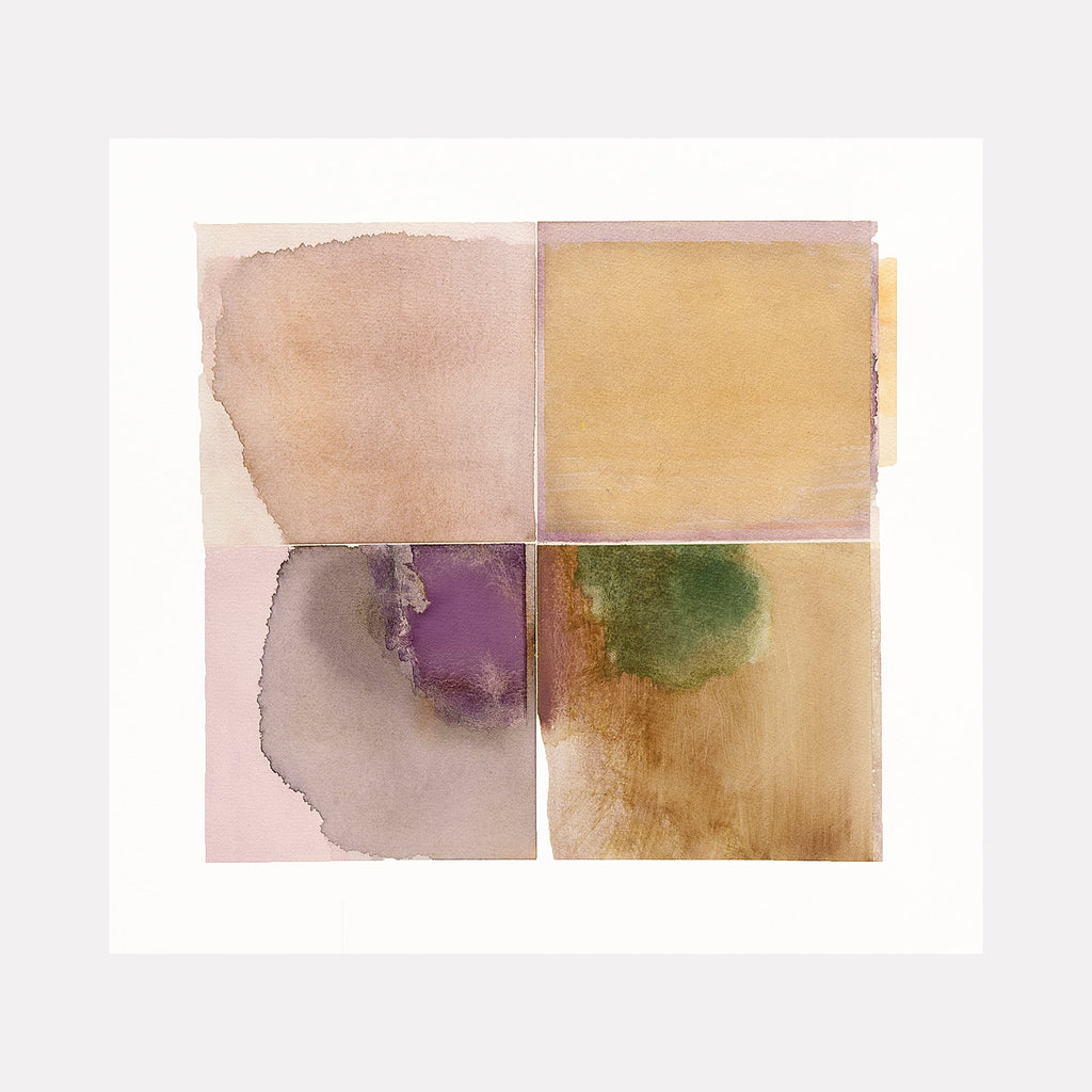 The artwork 'Cenote' by Ken Schiano features a minimalist watercolor composition divided into four quadrants, showcasing ethereal blends of soft beige, golden yellow, deep purple, and forest green hues. The organic watercolor technique creates subtle color transitions and fluid edges, resembling abstract natural formations reminiscent of aerial views of water bodies.