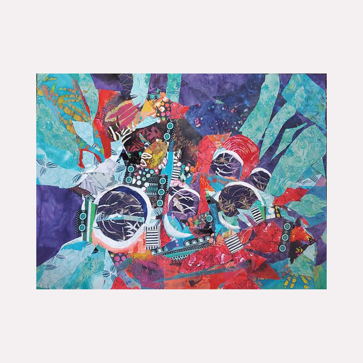 The artwork 'Centralen' by James Ehling features a vibrant abstract composition with circular portals set against turquoise and purple backgrounds. Mixed media techniques combine acrylic paint and fabric, creating dynamic geometric patterns and organic shapes in red, white, and aqua tones. The 18x24 inch canvas showcases a modern, energetic style with intricate details and layered textures.