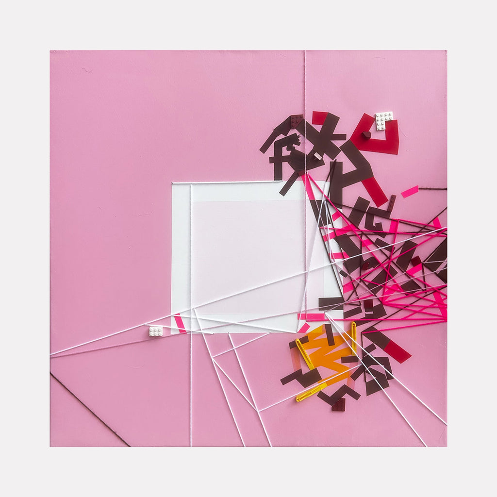 The artwork 'Centrer Buusraa' by Philippe Halaburda features abstract geometric shapes in pink, brown, and orange against a soft pink background. Angular white lines intersect across the composition, creating dynamic movement. The mixed media piece combines sharp-edged forms with a minimalist aesthetic in a 30x30 inch format.