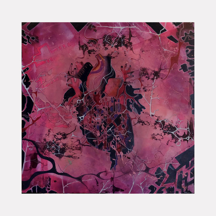 The artwork 'ChestCavity' by Devin Ruiz features an abstract mixed media composition with deep magenta and black tones. Intricate organic patterns flow across the canvas, resembling anatomical structures with vein-like tendrils and shadowy cavities. The 24x24 inch piece displays a rich textural quality with splattered effects and fluid transitions between dark and light areas.